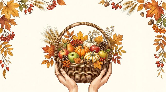 Hands Holding Autumnal Harvest Basket for Equinox Celebration