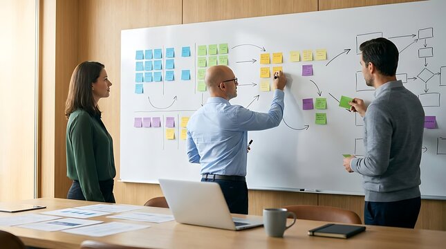 Business professionals working together around a table in a modern office, planning and brainstorming ideas on a large whiteboard with colorful sticky notes.