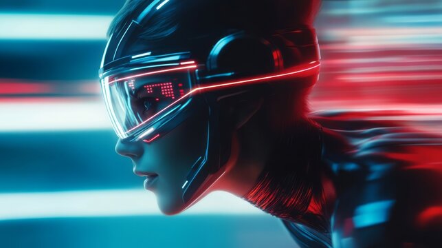 Extreme close up of futuristic cyber athlete wearing glossy smart helmet with neon speed trails showing advanced racing technology virtual reality gaming energy motion and high tech performance style