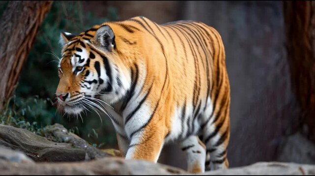 Majestic tiger prowling forward through a lush forest environment