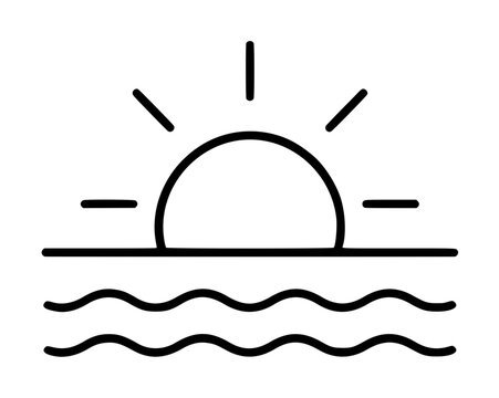 A simple black line vector illustration of a sun setting over the ocean with wavy water lines, depicting a serene seascape, summer vacation, and nature scene in a minimalist style.