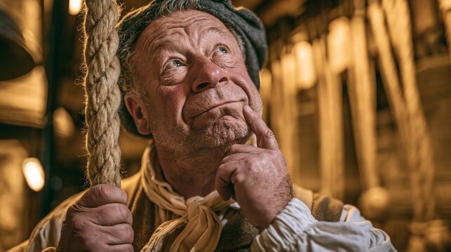 Bell ringer holding a bell rope in a ringing chamber while thinking. Concept of quiz, consultation and trivia about bell ringing.