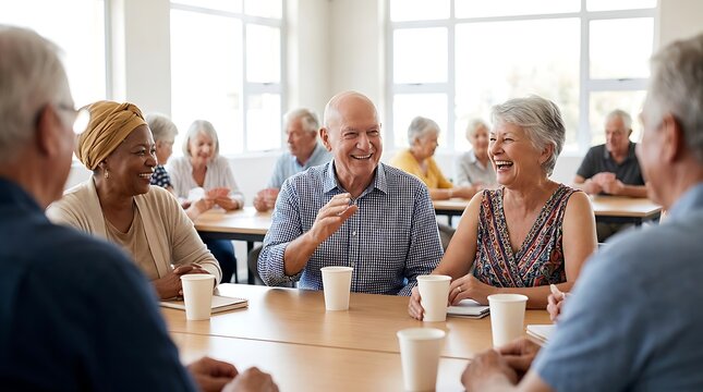 Group of happy senior people talking together at community center while having coffee during social meeting and card game session indoors at table with bright natural light in room.