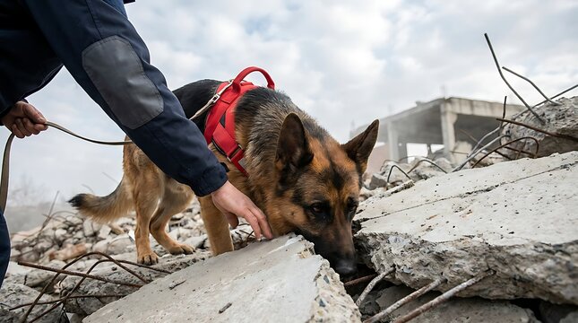 Professional rescue dog handler guiding german shepherd through dangerous rubble field at collapsed building site during search mission for trapped individuals after natural disaster.