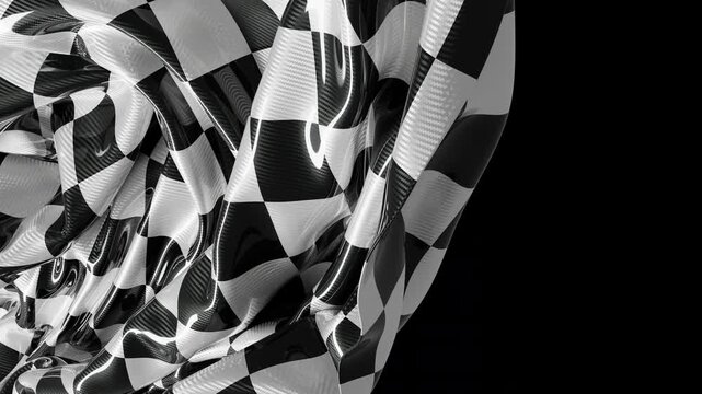 A glossy checkered flag waving in the wind, racing finish flag with a shiny carbon fiber texture