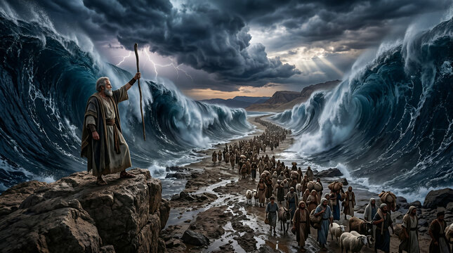 Moses parting the Red Sea with his staff, allowing the Israelites to cross on dry ground. Epic biblical miracle from the book of Exodus
