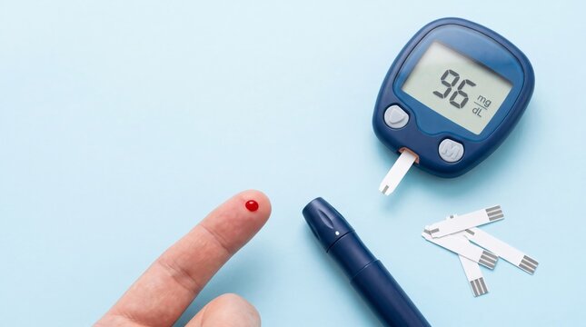 Diabetes management with glucose meter, lancing device, and blood test on blue background