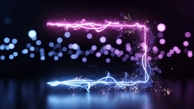 Neon Rectangle Light Trails and Bokeh Background - A glowing neon rectangle is formed by vibrant light trails in blue and pink hues, set against a dark background with a bokeh effect of blurred