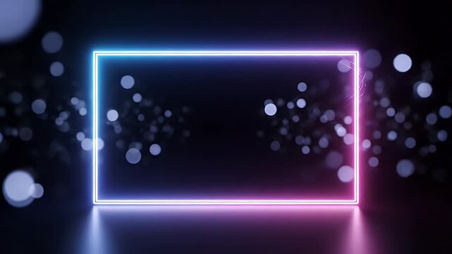 Neon Rectangle Light Trails Bokeh Background - A glowing neon rectangle frame transitions from blue to pink on a dark background with a soft bokeh effect.