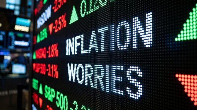 Inflation worries text on a stock market board, symbolizing economic anxiety and financial market volatility against a dark background.