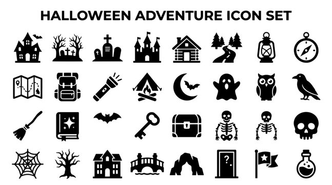 Halloween adventure icon set. Spooky travel and mystery exploration vector symbols.
