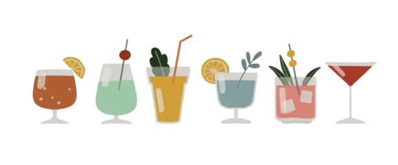 Collection of hand drawn alcoholic drinks. Cocktails with orange slices, mint, drinking straw, cherries. Happy New Year celebration, birthday party. Isolated vector icons, flat design illustrations © tabitazn