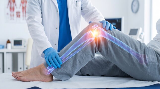 Doctor examining patient knee pain with X-ray overlay showing leg bones and joint in medical clinic