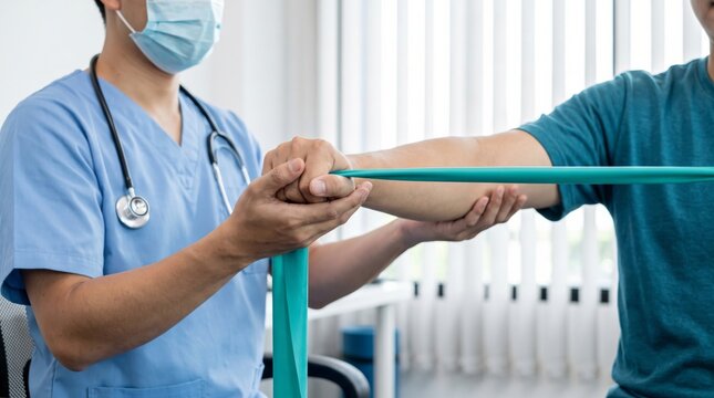 Physiotherapist assisting patient with arm rehabilitation exercise using a green resistance band in a clinic