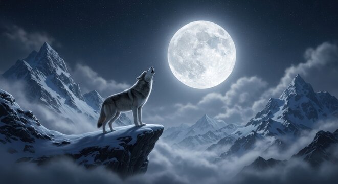 Lone wolf howling at the full moon on a mountain top at night illustration