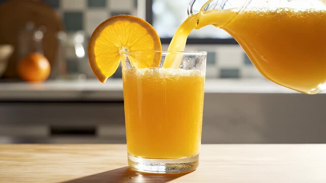 Pouring Fresh Orange Juice into Glass with Orange Slice - A glass pitcher pours vibrant orange juice into a clear glass, creating a refreshing frothy effect.