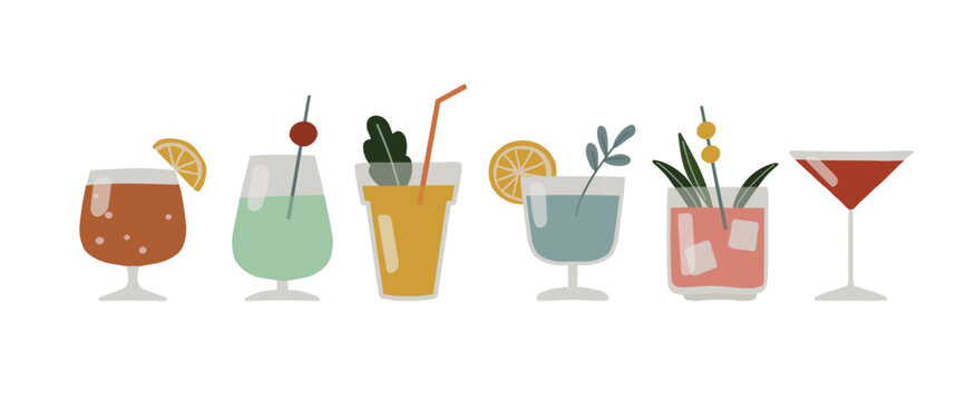 Collection of hand drawn alcoholic drinks. Cocktails with orange slices, mint, drinking straw, cherries. Happy New Year celebration, birthday party. Isolated vector icons, flat design illustrations