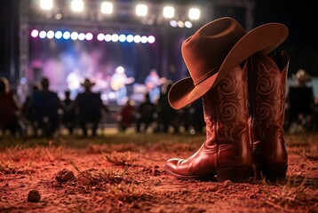 Obraz premium Cowboy hat and boots on ground in front of concert stage and crowd at night western country music festival outdoor event with grass.