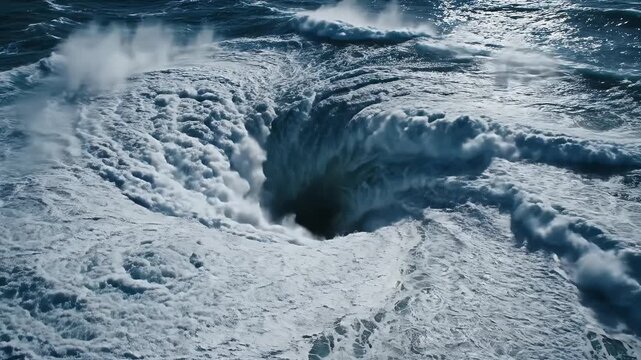 Powerful Ocean Whirlpool with Dynamic Waves - An aerial view captures a powerful oceanic whirlpool with dynamic energy swirling against a deep blue sea.