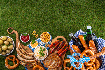 Fototapeta premium Oktoberfest picnic and barbecue food, Oktoberfest bavarian party menu