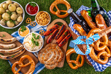 Fototapeta premium Oktoberfest picnic and barbecue food, Oktoberfest bavarian party menu