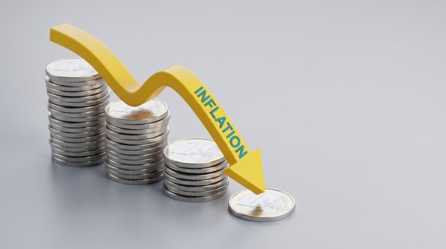 Inflation concept with a yellow downward arrow over stacks of silver coins decreasing in height