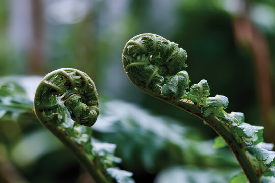 The image captures the beauty of young fiddleheads, curled and uncoiling in vibrant greenery, highlighting the delicate nature of fern growth in a serene environment.
