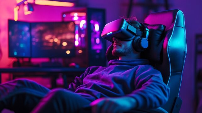 Young gamer relaxing in chair with virtual reality headset and neon computer setup showing futuristic gaming room esports lifestyle immersive entertainment metaverse technology digital leisure concept