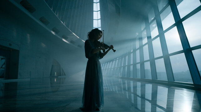 Woman Playing Violin in Modern Glass Building