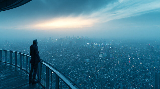 Person Standing on High-Rise Observation Deck Overlooking City