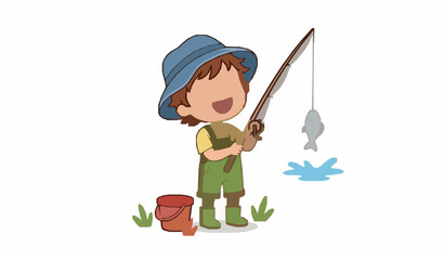 Happy Little Kid Catching Fish with Fishing Rod Cute Cartoon Vector Illustration