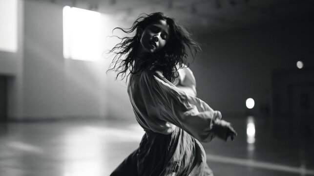 Woman Dancing in Motion, Black and White Portrait