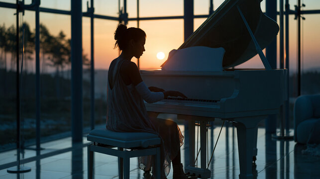 Pianist Performing at Grand Piano During Sunset