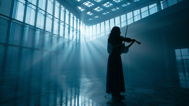 Violinist Performing in Modern Glass Building with Dramatic Light