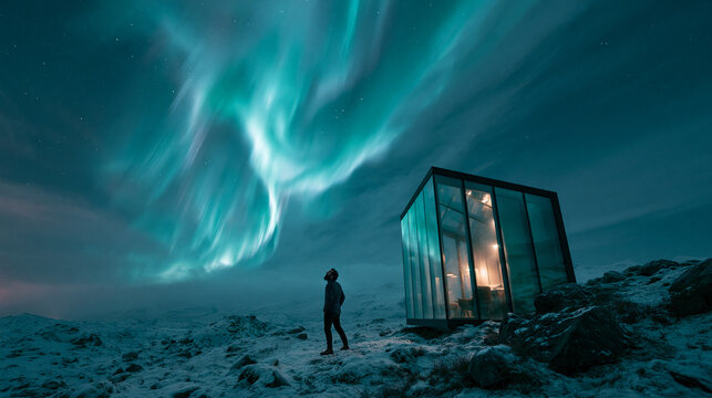 Person Standing in Glass Cabin Under Aurora Borealis