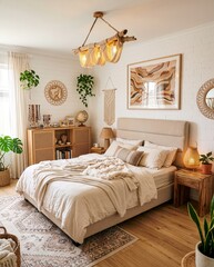 Fototapeta premium Sypialnia w stylu boho. Na ścianach odcienie bieli. Centralnym punktem sypialni jest duże, wygodne łóżko z tapicerowanymi wykończeniami. Obok szafka z wiklinowymi frontami. Nad łóżkiem lampa
