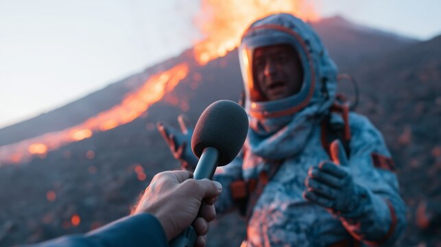 Volcanologist speaking with a journalist's microphone extended while an active lava flow glows behind. Concept of volcano news interview.