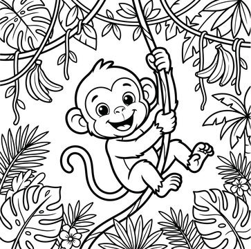 Happy monkey swinging on vine in tropical jungle with banana plants and monstera leaves black and white line art coloring page for kids and adults.