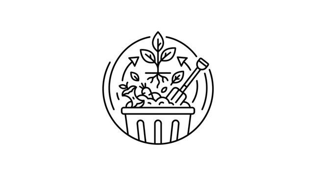 Professional Minimalist Line Drawing of Gardening Basket with Plants Tools and Circular Border for Eco Friendly Designs
