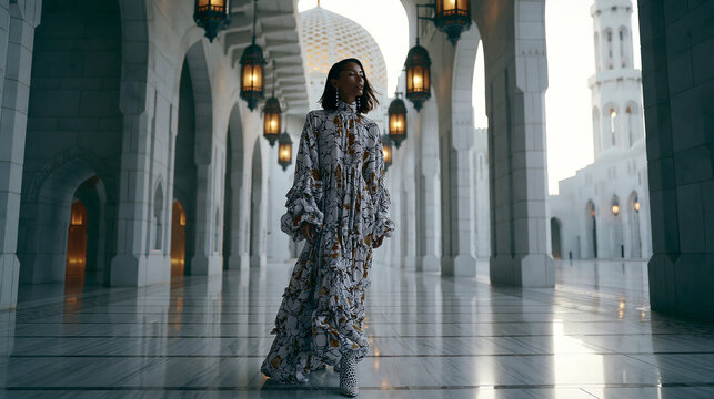 Woman in Patterned Dress Walking Through Ornate Corridor