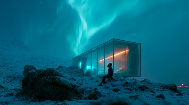 Person Inside Illuminated Structure Viewing Aurora Borealis