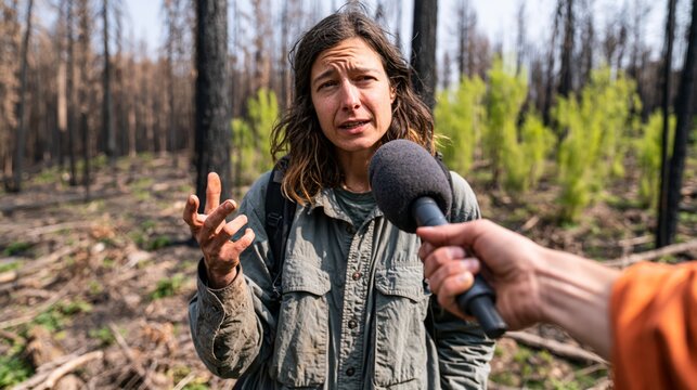 Wildfire ecologist speaking with a journalist's microphone extended while a recovering burned forest is visible behind. Concept of wildfire ecology news interview.