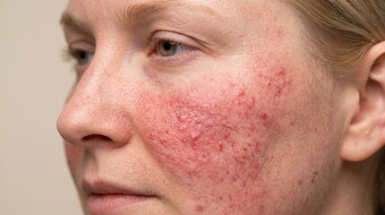 Fototapeta premium Close-up profile of a Caucasian woman face with severe rosacea, skin redness, and pustules on the cheek, dermatology and skincare concept