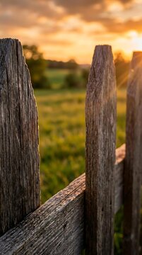  Close-up of a rustic wooden fence standing in a peaceful farm field at sunset, a rustic wooden fence capturing the golden hour glow, vintage rustic wooden fence in a rural meadow.
