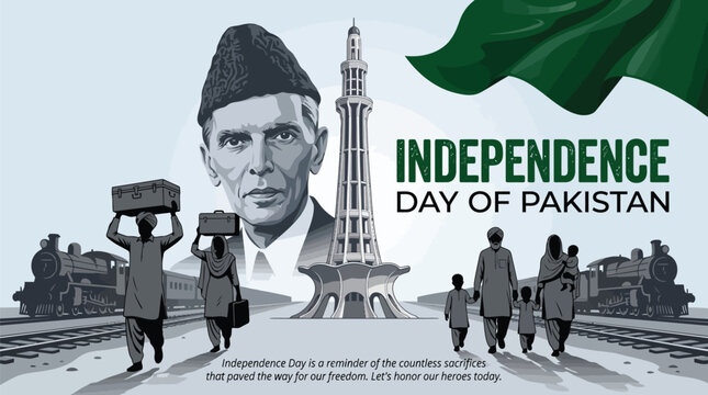 14 August Pakistan Freedom Day Poster with Quaid e Azam and Minar e Pakistan