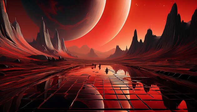 alien desert of black mirrors beneath a dying red supergiant