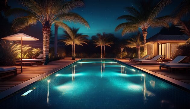 luxurious tropical resort pool in the night generative ai