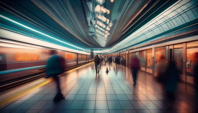 metro station with blurred traffic and crowd generative ai