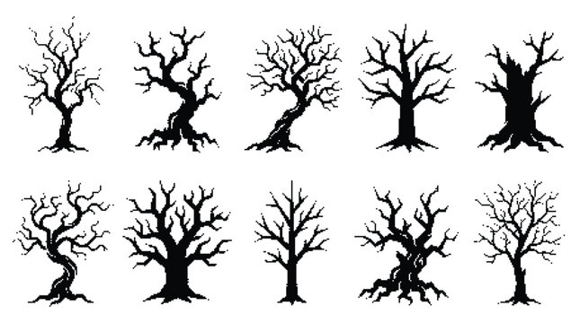 Dead tree silhouettes set, spooky bare tree branch vector icons