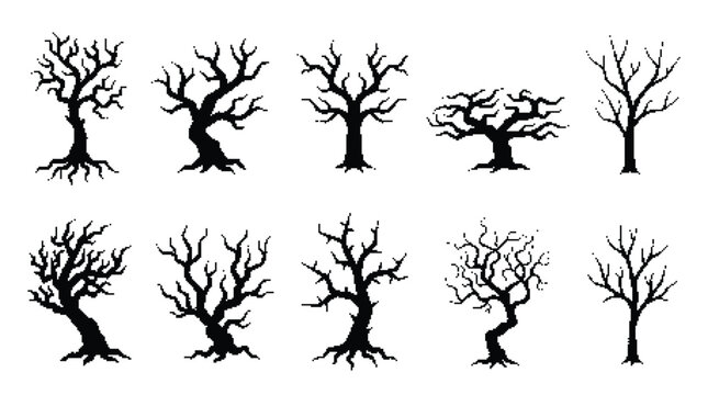 Spooky dead tree silhouette set, pixel art halloween bare trees
